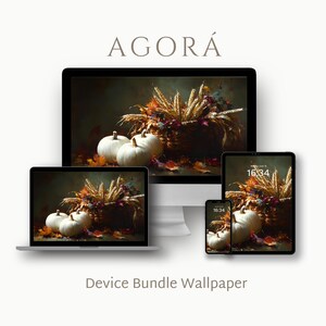 Harvest Basket DIGITAL WALLPAPER SET, Wheat and Pumpkins Desktop Wallpaper, Fall Tablet Background, Thanksgiving Phone Wallpaper | DB003