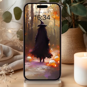 PHONE WALLPAPER, Witch in Enchanted Forest, iOS and Android Background, Fall Autumn Art, Spooky Halloween Painting | PN091