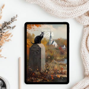 May include: A black tablet displaying a digital painting of a black cat sitting on a tombstone in an autumn landscape with a church in the background. The screen shows the date Monday, June 16 and the time 16:34 in white text.