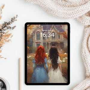 May include: A black tablet displaying a digital wallpaper of two figures with long red and dark brown hair standing before a large house. The screen shows the time 16:34 and the date Monday, June 18. The tablet is positioned on a white surface.