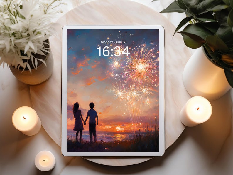TABLET WALLPAPER, Couple Enjoying 4th July Fireworks at Sunset Art, Ios ...