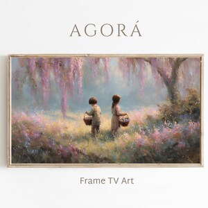 May include: A framed digital art print featuring a pastoral scene with two children in a field of flowers, carrying baskets. The artwork has a soft, painterly style with a color palette of pinks, purples, and greens. The text "AGORÁ" and "Frame TV Art" are visible.