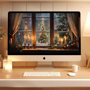 May include: A desktop computer displays a cozy Christmas scene through a window, with lit candles, a Christmas tree, and a snowy exterior. The setup includes a keyboard, mouse, a lamp, and decorative candles, creating a festive atmosphere.