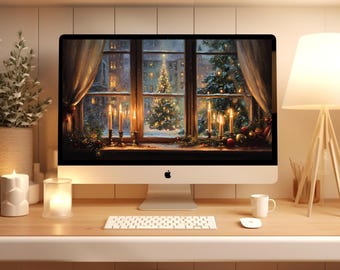 May include: A desktop computer displays a cozy Christmas scene through a window, with lit candles, a Christmas tree, and a snowy exterior. The setup includes a keyboard, mouse, a lamp, and decorative candles, creating a festive atmosphere.