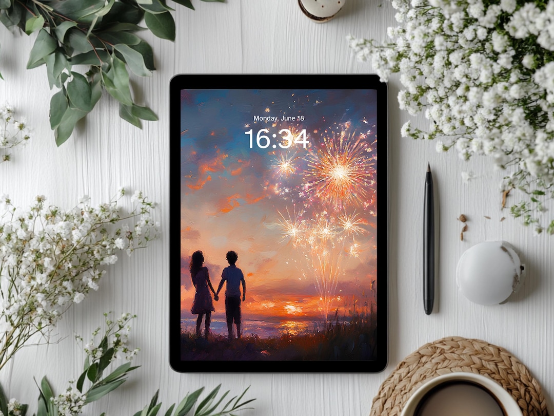 TABLET WALLPAPER, Couple Enjoying 4th July Fireworks at Sunset Art, Ios ...