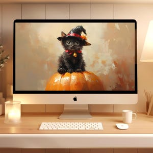 DESKTOP WALLPAPER, Black Kitten in Witch Hat on Pumpkin Laptop Wallpaper, Fall Autumn MacBook Background, Magical Halloween Painting | DT094