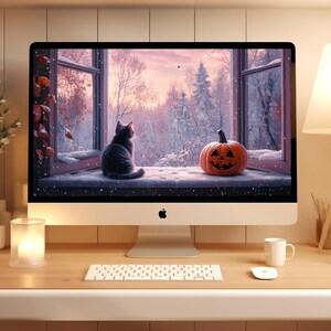 DESKTOP WALLPAPER, Cat and Jack-o'-Lantern by the Window Laptop Wallpaper, Fall Autumn MacBook Background, Snowy Halloween Painting | DT093