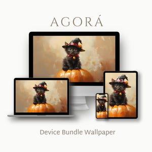 DIGITAL WALLPAPER SET, Black Kitten in Witch's Hat on Pumpkin Desktop, Fall Autumn Tablet Background, Spooky Halloween Mobile Phone | DB094