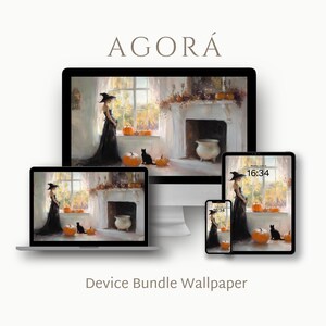 May include: A digital device bundle wallpaper featuring a desktop computer, a laptop, a tablet, and a smartphone displaying an illustration of a person in a black dress and hat standing by a window with pumpkins, a black cat, and a fireplace.