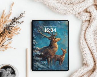 May include: A digital tablet displays a winter scene with two deer against a blue and white backdrop. The screen shows the date and time: Monday, December 18, 16:34. The tablet is on a white surface with decorative elements.