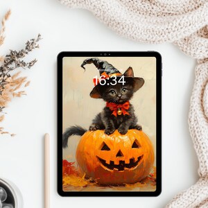 May include: A black tablet displaying a digital illustration of a fluffy black kitten wearing a pointed witch hat with a red bow, sitting atop a carved orange jack-o'-lantern pumpkin. The screen shows the time 16:34 and the date Monday, June 16.