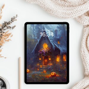 TABLET WALLPAPER, Haunted Forest Cottage, iOS iPad and Android Background, Fall Autumn Art, Spooky Halloween Witch House Painting | TB096