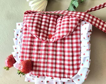 strawberry quilted giginham crossbody bag cottagecore-inspired ruffle bag