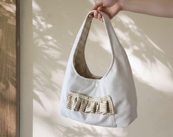 Handmade Quilted Hobo Bag: Gingham Ruffle Slouch Shoulder Bag