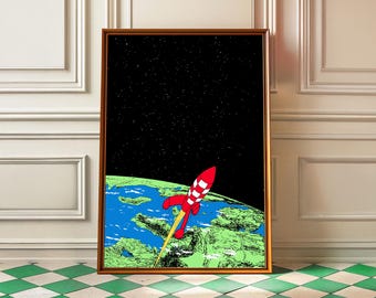 Retro Rocket Launch Print – Vintage Space Poster, Comic Style Wall Art