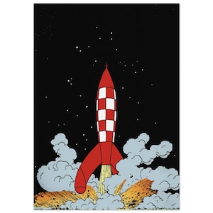 Könnte beinhalten: Eine rot-weiß karierte Rakete startet in einen schwarzen Weltraumhintergrund mit kleinen weißen Sternen. Die Rakete ist von großen, hellblauen Rauchwolken und leuchtend orangefarbenen Flammen an der Basis der Illustration umgeben.
