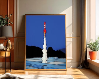 Rocket Launch Illustration Print, Minimalist Space Art Poster, Retro Sci-Fi Wall Art, Blue Rocket Artwork, Modern Home Decor