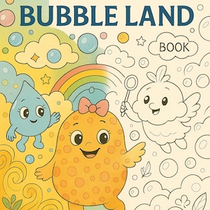May include: A children's coloring book cover titled "Storybook Doodle Bubble Land." The design includes cartoon characters, bubbles, and a rainbow. The words "Coloring Book" are also visible. The style is playful and suitable for children.