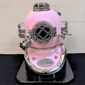 Pink Mark V Diving Helmet 18" | Vintage Nautical Decor | Deep Sea Scuba Diver Helmet Replica | Brass Marine Home Decor w/ Wooden Base