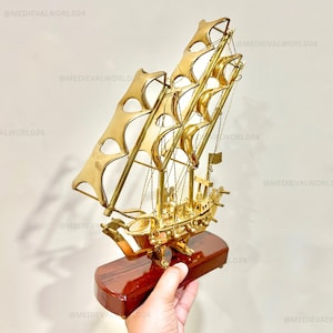 Handcrafted Brass Ship Model | Nautical Sailboat Decor | Maritime Home Office Desk Ornament | Vintage Brass Sailing Ship with Wooden Base