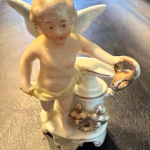 Antique Porcelain Cherub Figurine – Victorian Style – Hand Painted Gold Accents – 4.25” Tall – Collectible Angel Decor