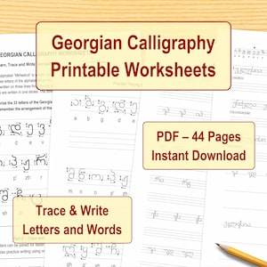 Peut inclure: Feuilles de travail imprimables de calligraphie géorgienne pour apprendre, tracer et écrire des lettres et des mots. Les feuilles de travail comprennent 44 pages à télécharger instantanément. Un crayon repose sur le coin des pages.