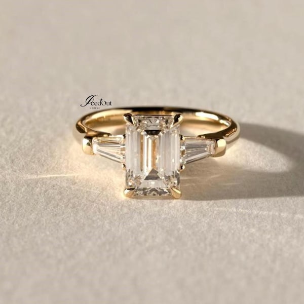 Emerald Cut Three Stone Lab Grown Diamond Ring, Tapered Baguette Sides, Proposal Anniversary Band