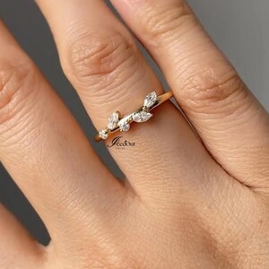 Vintage Leaf Stacking Wedding Band, Vine Nature Inspired Matching Wedding Ring, Marquise & Round Half Eternity Ring, Minimalist Ring For Her