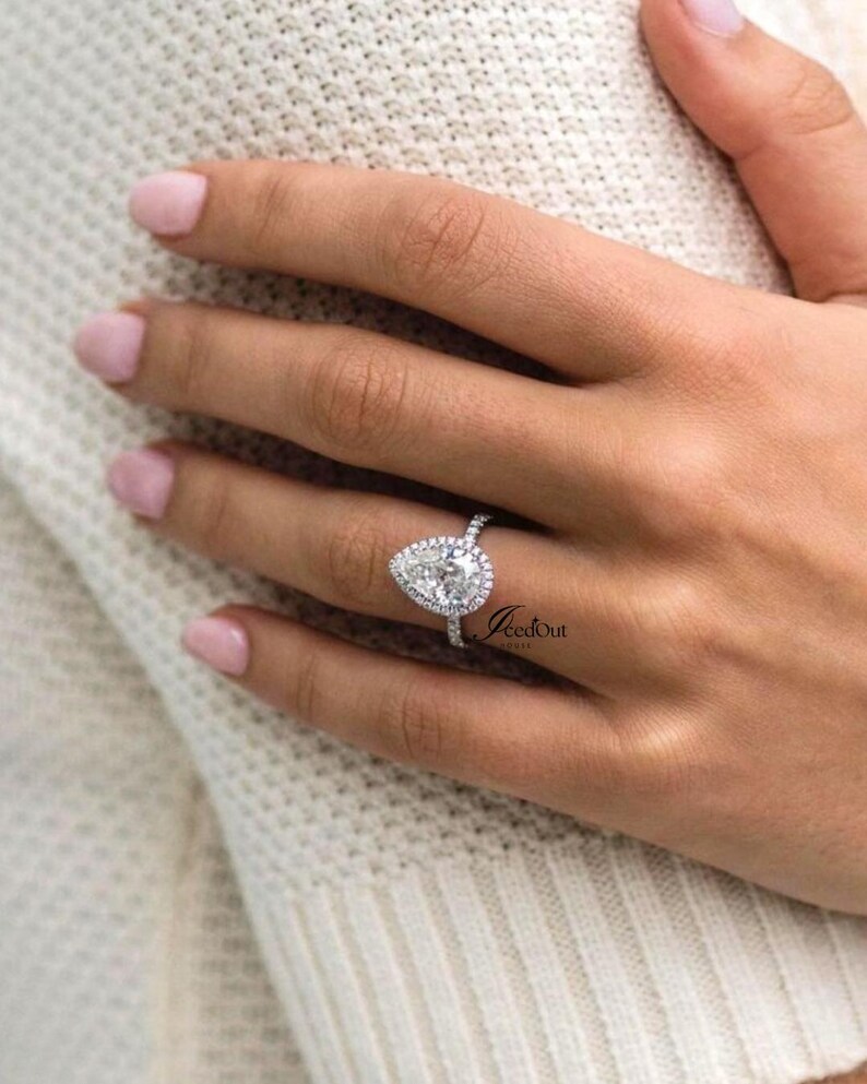 Pear Shaped Moissanite Engagement Ring, 3 CT Pear Cut Halo Wedding Ring ...