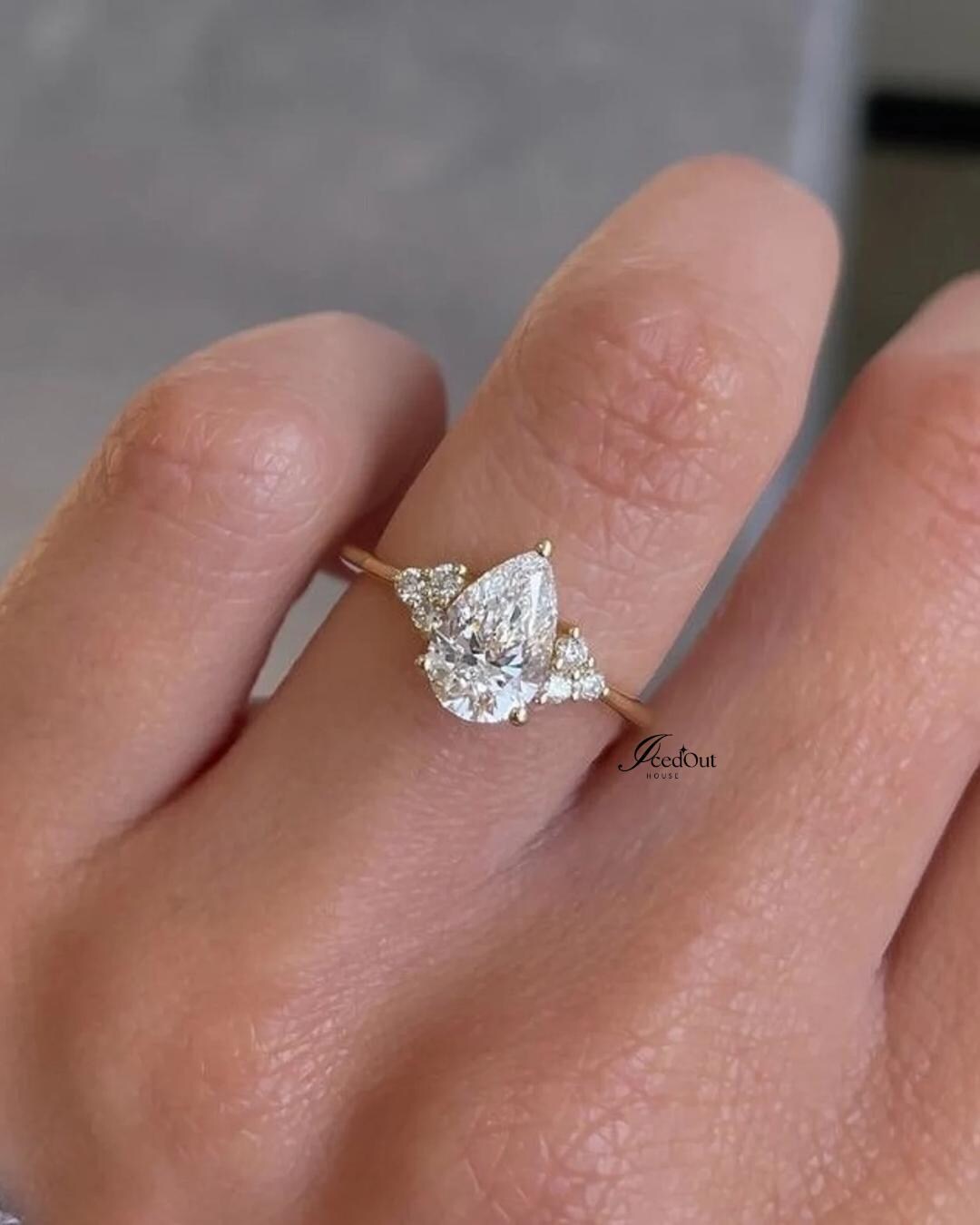 Pear Cut Lab Diamond Cluster Engagement Ring,14k Gold Statement Ring ...