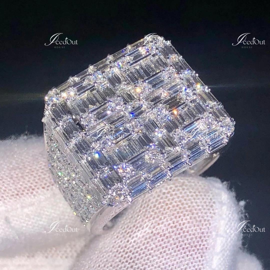 Baugette Rapper Ring Men's Iced Out Champion Ring, Baguette Cut Moissanite Diamond ...