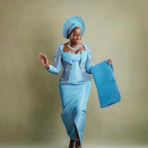 African couples complete Aso Oke wedding outfits with beads, African Men Suit, African Mens Wear, African Wedding men and women wedding sets