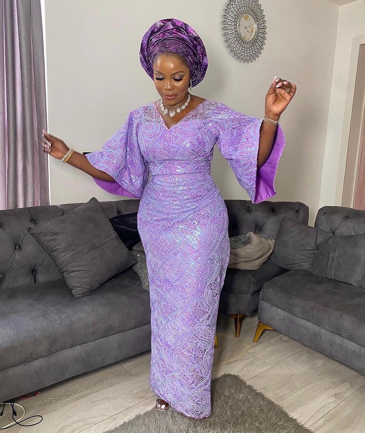 Aso Ebi Lilac Eyelet Dress Wedding Guest, Lace Style,Owanbe ,Aso