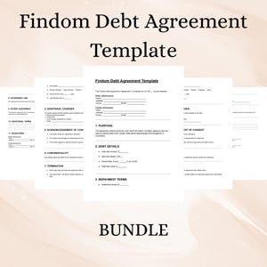 May include: A bundle of debt agreement templates. The main title reads "Findom Debt Agreement Template" in a bold, black font. The documents include sections for debt details, repayment terms, and signatures. The word "BUNDLE" is at the bottom.