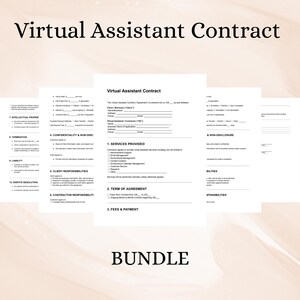 Puede incluir: Un paquete de plantillas de contratos de asistente virtual. Los documentos presentan títulos como "Servicios prestados", "Plazo del acuerdo" y "Tarifas y pago". La palabra "BUNDLE" está en la parte inferior de la imagen.