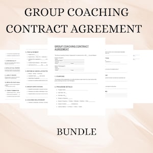 Puede incluir: Un paquete de plantillas de acuerdos de contrato de coaching grupal. Los documentos presentan títulos como "Tarifas y pago", "Confidencialidad" y "Expectativas del grupo". El texto "Acuerdo de contrato de coaching grupal" se muestra de forma destacada en la parte superior.