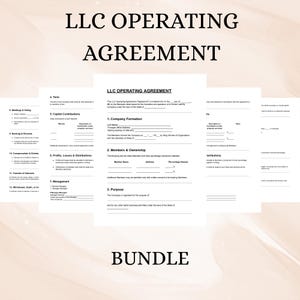 May include: A bundle of LLC Operating Agreement forms, with the title text at the top. The forms are white with black text, and include sections for company formation, members, and management. The word "BUNDLE" is at the bottom.