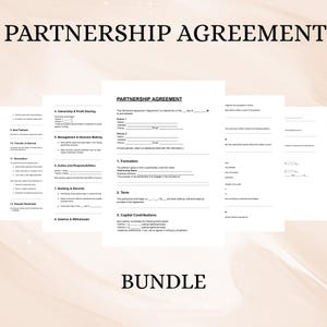 May include: A bundle of partnership agreement documents. The documents are printed on white paper with black text. The title "PARTNERSHIP AGREEMENT" is at the top of the image. The word "BUNDLE" is at the bottom.