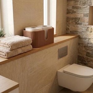 May include: A brown, ribbed plastic storage bin holding two rolls of white toilet paper, positioned on a wooden ledge next to a stack of two folded beige towels, a small potted succulent, and a wall-mounted white toilet in a bathroom.