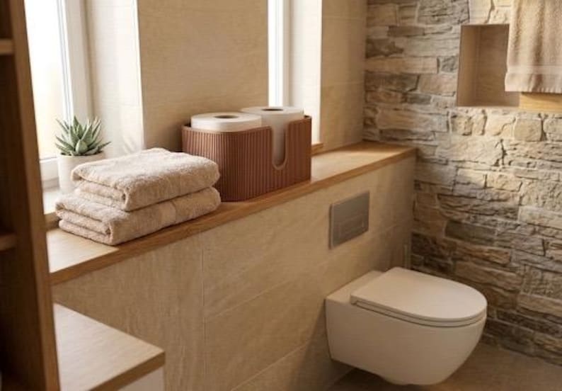 May include: A brown, ribbed plastic storage bin holding two rolls of white toilet paper, positioned on a wooden ledge next to a stack of two folded beige towels, a small potted succulent, and a wall-mounted white toilet in a bathroom.