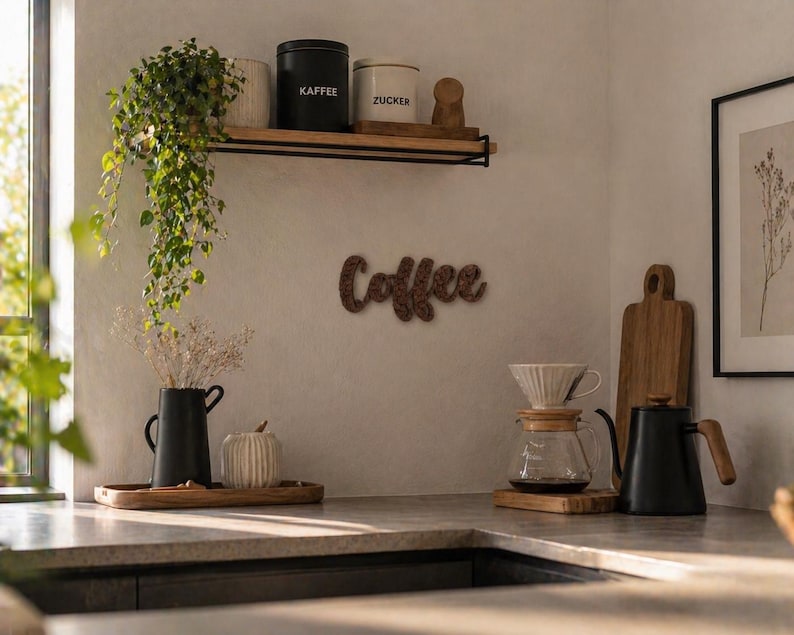 May include: A kitchen scene with coffee-making equipment and decor. A black kettle, glass pour-over, and wooden cutting board sit on the counter. A wooden shelf holds coffee and sugar canisters. A wooden sign spells "Coffee".