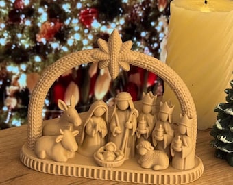 May include: A beige monochromatic nativity scene figurine featuring a central arch topped with a star. The set includes figures of a donkey, a cow, a sheep, a baby in a manger, Mary, Joseph, and three figures holding gifts on an oval base.