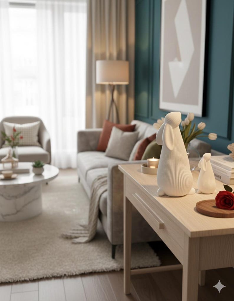 May include: A light wood side table displays two white ceramic rabbit figurines. A red rose sits on a small wooden plate. The room features a gray sofa, a marble coffee table, and a teal wall with a framed abstract art piece.