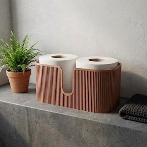 May include: A terracotta-colored, oval-shaped toilet paper holder featuring a vertical ribbed texture and a U-shaped cutout on the front. The holder contains two rolls of white toilet paper, positioned side-by-side within the container.