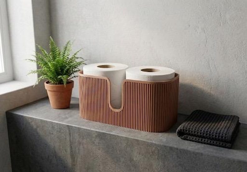 May include: A terracotta-colored, oval-shaped toilet paper holder featuring a vertical ribbed texture and a U-shaped cutout on the front. The holder contains two rolls of white toilet paper, positioned side-by-side within the container.
