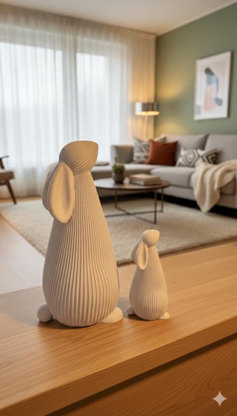 May include: Two white, textured rabbit figurines of different sizes. The larger rabbit has long ears and a tall body, while the smaller one is more compact. Both have a ribbed design and are placed on a wooden surface, suggesting a decorative theme.