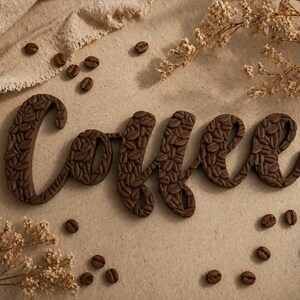 May include: A brown, cursive "Coffee" sign, textured with coffee bean details, rests on a beige surface. Scattered coffee beans and dried floral accents surround the sign, creating a warm, inviting aesthetic. A beige fabric is draped in the background.