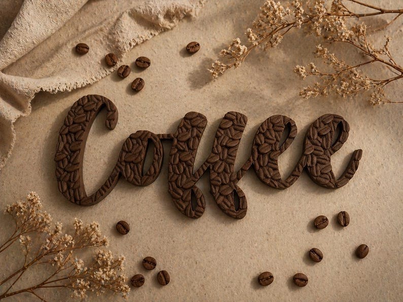 May include: A brown, cursive "Coffee" sign, textured with coffee bean details, rests on a beige surface. Scattered coffee beans and dried floral accents surround the sign, creating a warm, inviting aesthetic. A beige fabric is draped in the background.