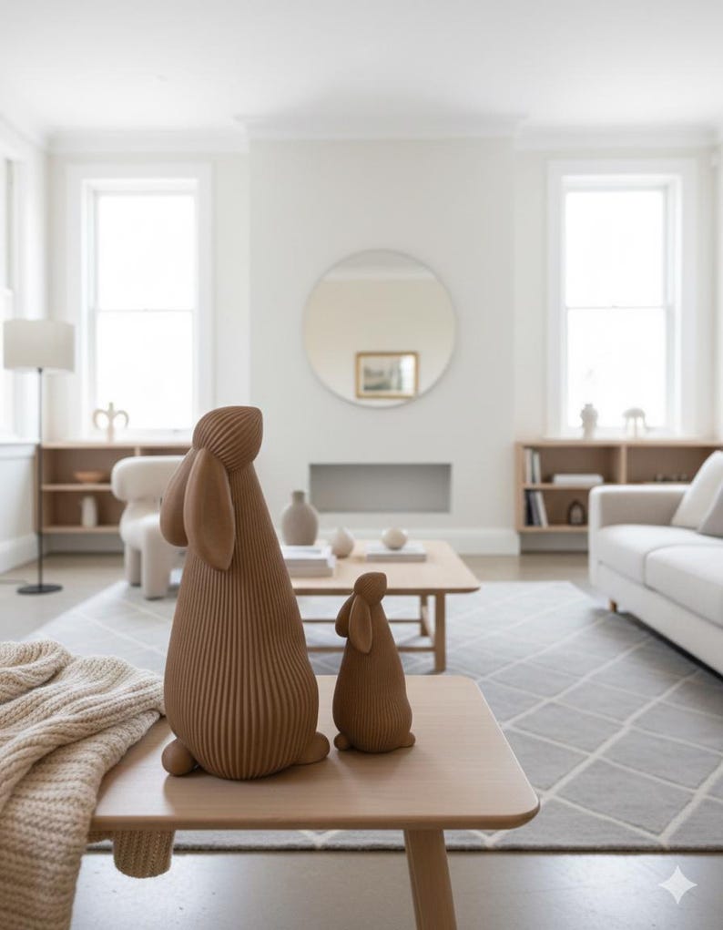 May include: Two brown rabbit sculptures with textured, vertical lines sit on a light wood table. The larger rabbit has long ears. The background shows a living room with a neutral color palette, a sofa, and a geometric rug.