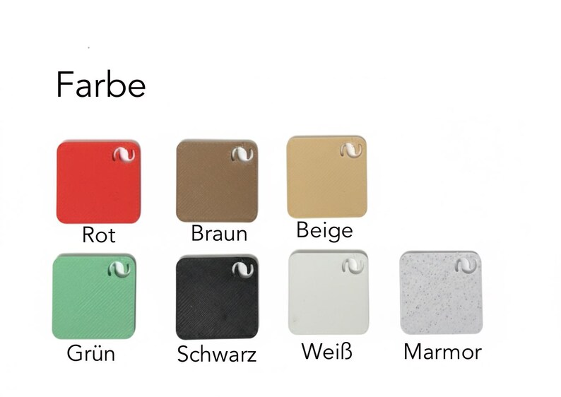 May include: Image displaying a color palette with the word "Farbe" above. The palette includes square samples in red, brown, beige, green, black, white, and marble. Each square has a small hole in the top corner.